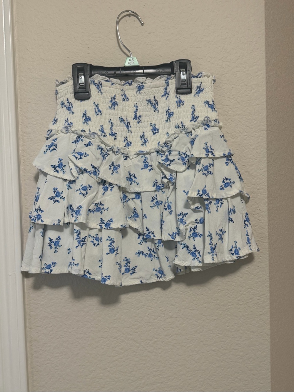 Altar'd State White Mini Skirt with Blue Floral Ruffles
